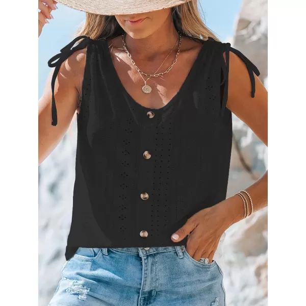 imageCUPSHE Women Tops Eyelet Jersey Tank Sleeveless V Neck Blouse Button Front Shirt Casual SummerBlack