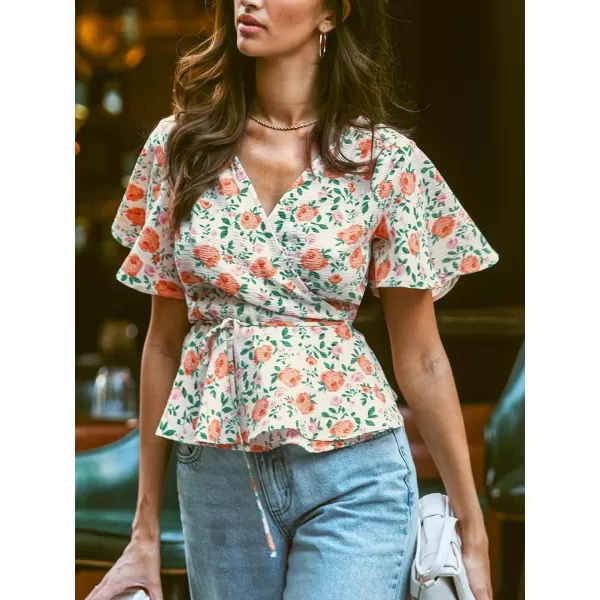 imageCUPSHE Women Tops Floral Short Sleeve Peplum Blouse V Neck Tee Shirt Casual DressyRed