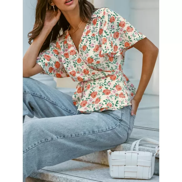 imageCUPSHE Women Tops Floral Short Sleeve Peplum Blouse V Neck Tee Shirt Casual DressyRed