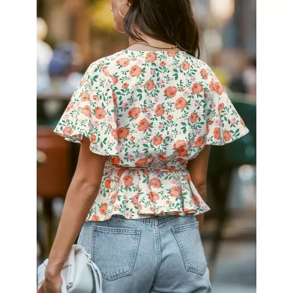 imageCUPSHE Women Tops Floral Short Sleeve Peplum Blouse V Neck Tee Shirt Casual DressyRed