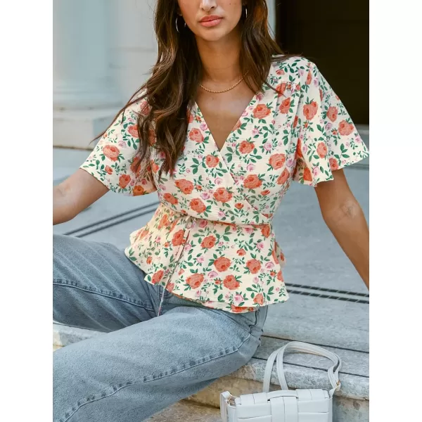 imageCUPSHE Women Tops Floral Short Sleeve Peplum Blouse V Neck Tee Shirt Casual DressyRed