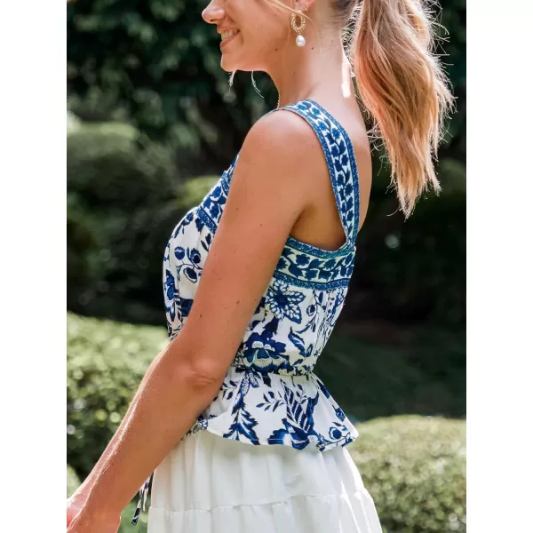 imageCUPSHE Women Tops Floral Square Neck Flounce Hem Tank Sleeveless Tee Shirt CasualBlue