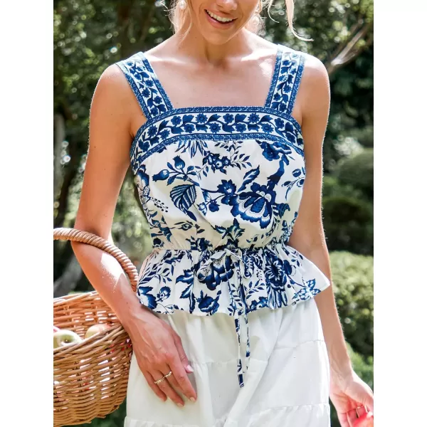 imageCUPSHE Women Tops Floral Square Neck Flounce Hem Tank Sleeveless Tee Shirt CasualBlue