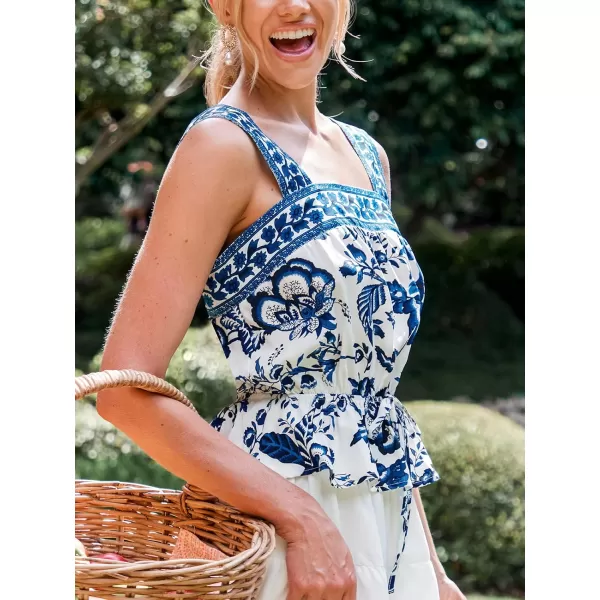 imageCUPSHE Women Tops Floral Square Neck Flounce Hem Tank Sleeveless Tee Shirt CasualBlue