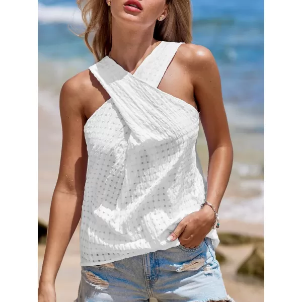 imageCUPSHE Women Tops HighNeck Cross Over CutOut Tank Sleeveless Basic Tee Shirt Solid Casual SummerWhite