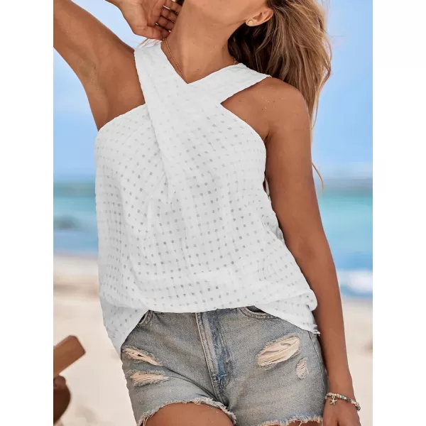 imageCUPSHE Women Tops HighNeck Cross Over CutOut Tank Sleeveless Basic Tee Shirt Solid Casual SummerWhite
