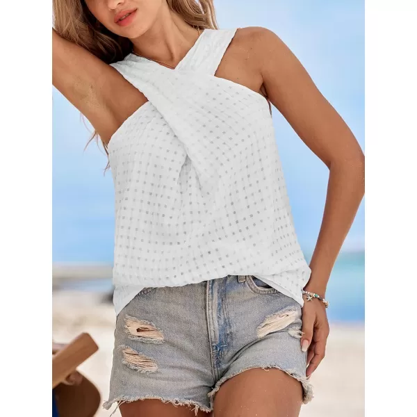 imageCUPSHE Women Tops HighNeck Cross Over CutOut Tank Sleeveless Basic Tee Shirt Solid Casual SummerWhite