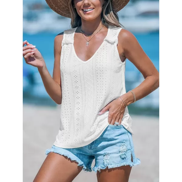 imageCUPSHE Women Tops Knotted Strap Jersey Eyelet Tank Cutout Blouses Tee V Neck Shirt CasualWhite