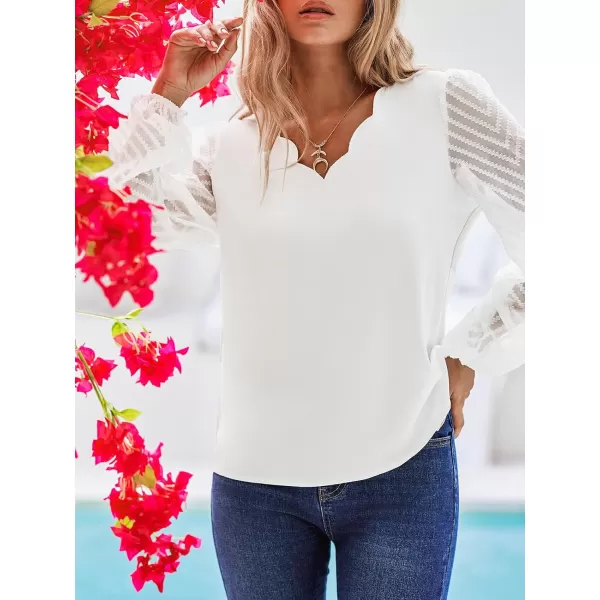 imageCUPSHE Women Tops Lace Long Sleeve Blouses V Neck Shirt Balloon Sleeves Tee Casual DressyWhite