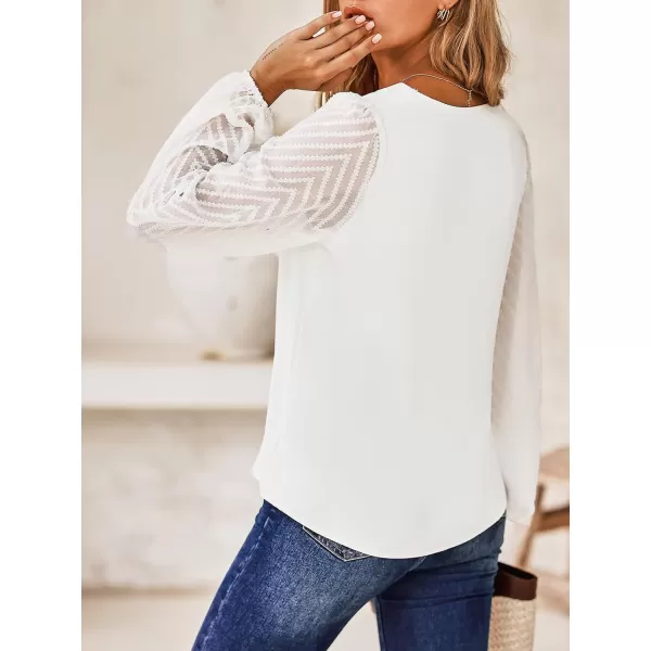 imageCUPSHE Women Tops Lace Long Sleeve Blouses V Neck Shirt Balloon Sleeves Tee Casual DressyWhite