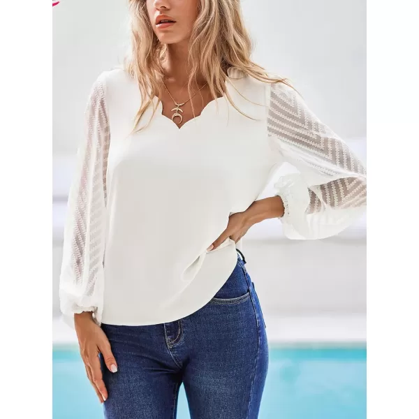 imageCUPSHE Women Tops Lace Long Sleeve Blouses V Neck Shirt Balloon Sleeves Tee Casual DressyWhite