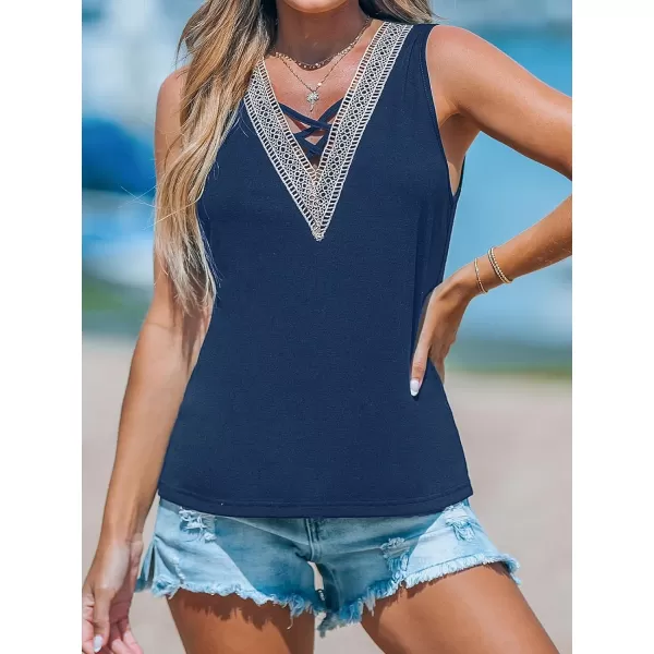 imageCUPSHE Women Tops Lace Neck Sleeveless Top V Neck Tee Shirt Casual Beach S BlackDark Blue