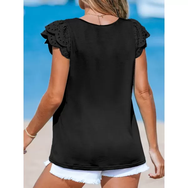 imageCUPSHE Women Tops Lace Sleeve Blouse Square Neck Flutter Sleeve Tee Shirt Casual DressyBlack