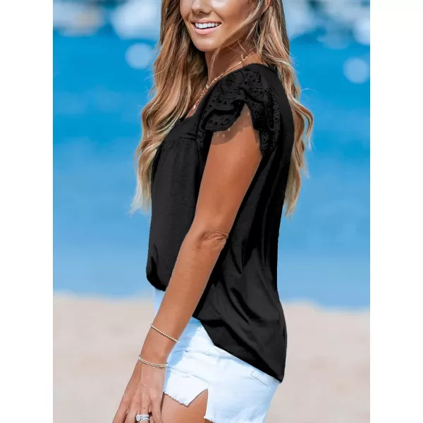 imageCUPSHE Women Tops Lace Sleeve Blouse Square Neck Flutter Sleeve Tee Shirt Casual DressyBlack