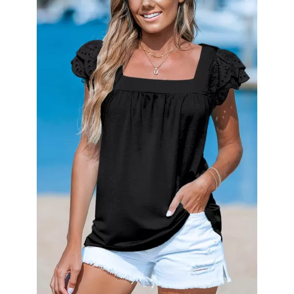 imageCUPSHE Women Tops Lace Sleeve Blouse Square Neck Flutter Sleeve Tee Shirt Casual DressyBlack