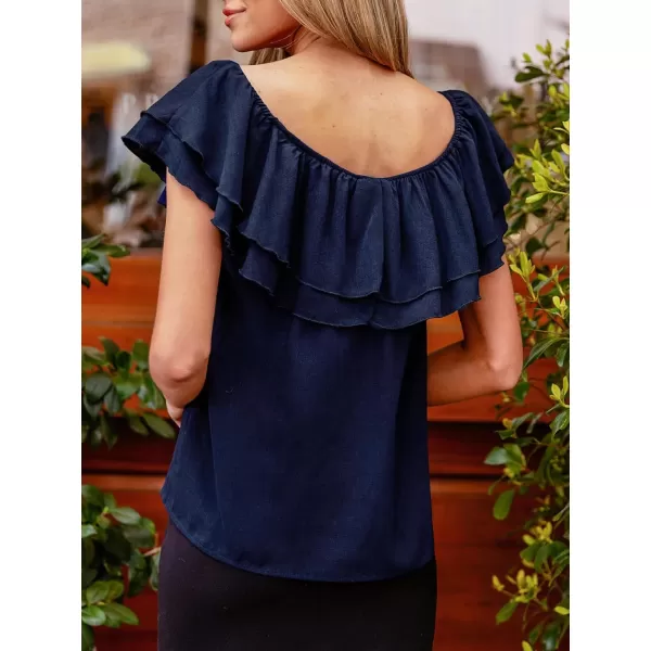 imageCUPSHE Women Tops Layered Ruffles Short Sleeve Tee Crew Neck Shirt Dressy Casual SummerNavy