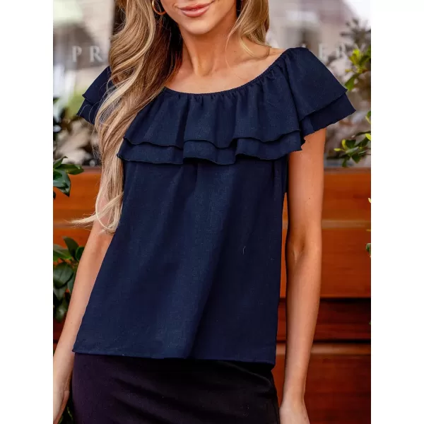 imageCUPSHE Women Tops Layered Ruffles Short Sleeve Tee Crew Neck Shirt Dressy Casual SummerNavy