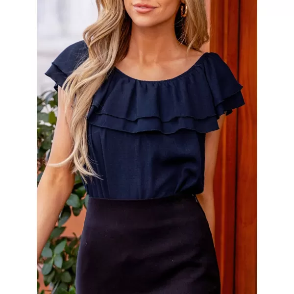 imageCUPSHE Women Tops Layered Ruffles Short Sleeve Tee Crew Neck Shirt Dressy Casual SummerNavy