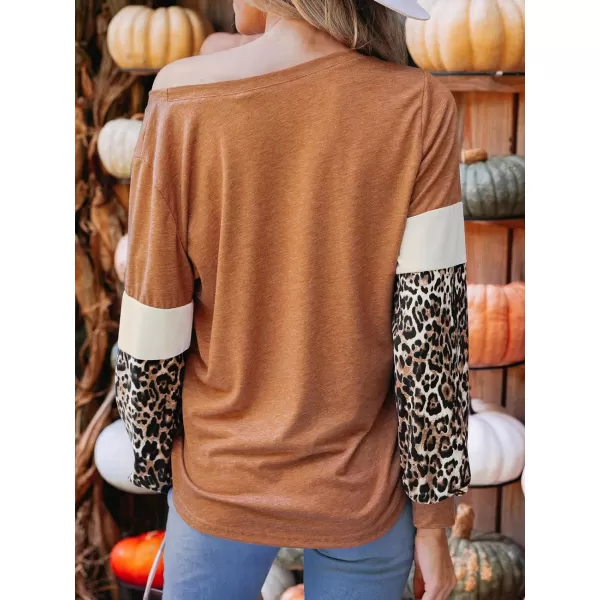 imageCUPSHE Women Tops Leopard Print Colorblock Long Sleeve Tee Pullover Crew Neck ShirtsBrown