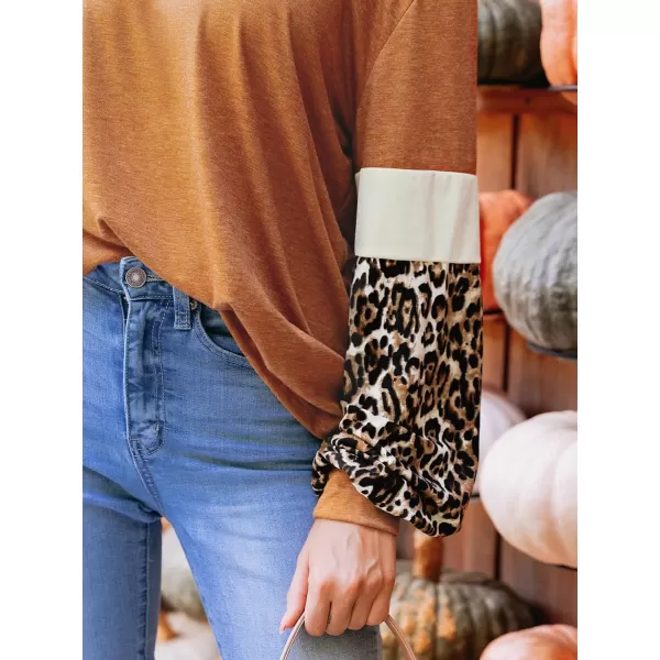 imageCUPSHE Women Tops Leopard Print Colorblock Long Sleeve Tee Pullover Crew Neck ShirtsBrown