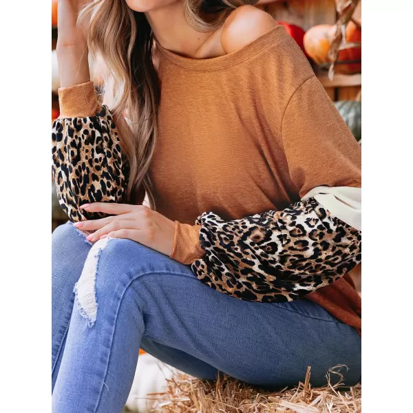 imageCUPSHE Women Tops Leopard Print Colorblock Long Sleeve Tee Pullover Crew Neck ShirtsBrown