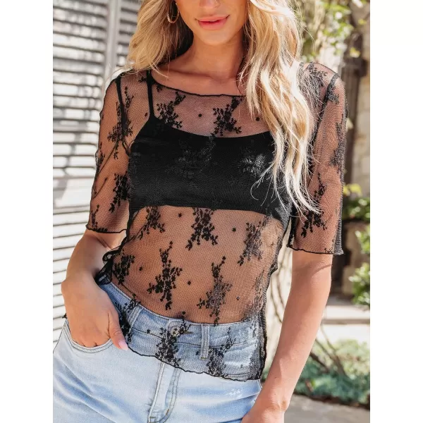 imageCUPSHE Women Tops Mesh Half Sleeve Blouses Lace Trims Scoop Neck Tee Shirt CasualBlack