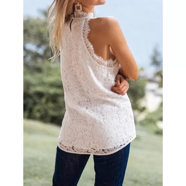 imageCUPSHE Women Tops Mock Neck Floral Lace Tank Top Sleeveless Shirt Solid Tee Casual DressyWhite