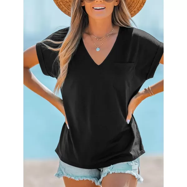 imageCUPSHE Women Tops Onyx VNeck Short Sleeve Tee Front Pocket Shirt Solid Tee Casual DressyBlack