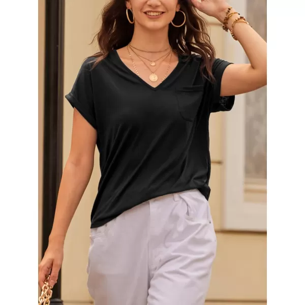 imageCUPSHE Women Tops Onyx VNeck Short Sleeve Tee Front Pocket Shirt Solid Tee Casual DressyBlack