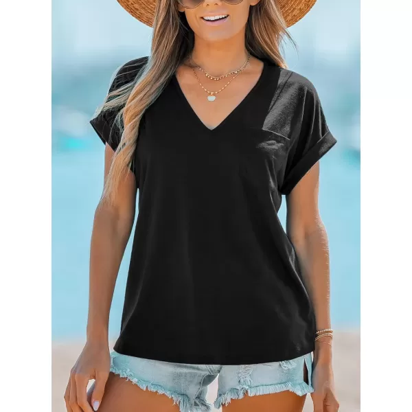 imageCUPSHE Women Tops Onyx VNeck Short Sleeve Tee Front Pocket Shirt Solid Tee Casual DressyBlack