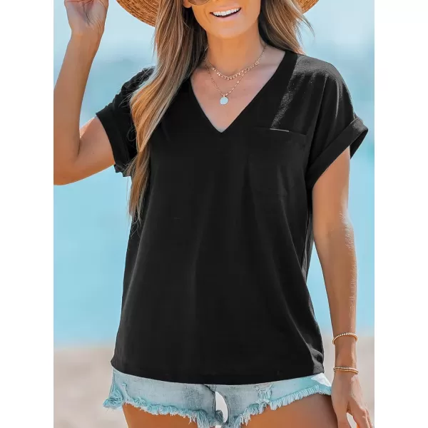 imageCUPSHE Women Tops Onyx VNeck Short Sleeve Tee Front Pocket Shirt Solid Tee Casual DressyBlack