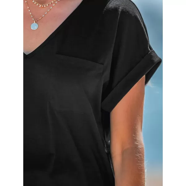 imageCUPSHE Women Tops Onyx VNeck Short Sleeve Tee Front Pocket Shirt Solid Tee Casual DressyBlack