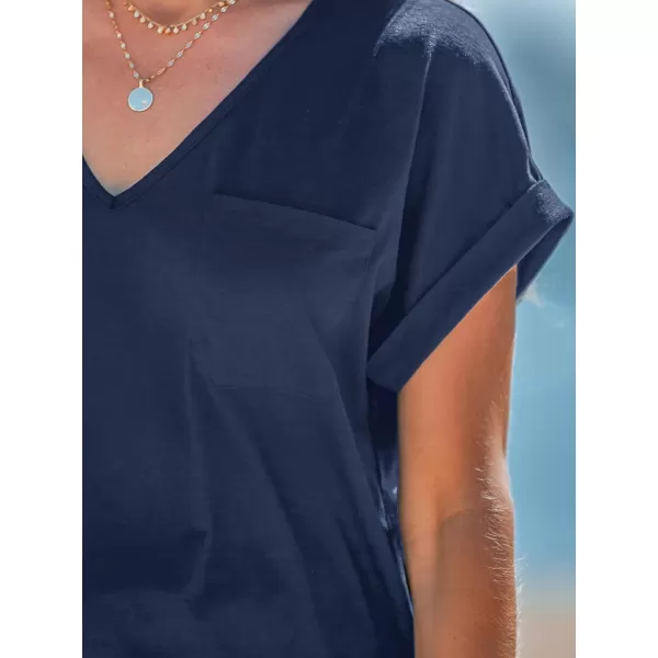 imageCUPSHE Women Tops Onyx VNeck Short Sleeve Tee Front Pocket Shirt Solid Tee Casual DressyDark Blue