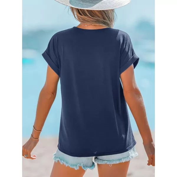 imageCUPSHE Women Tops Onyx VNeck Short Sleeve Tee Front Pocket Shirt Solid Tee Casual DressyDark Blue