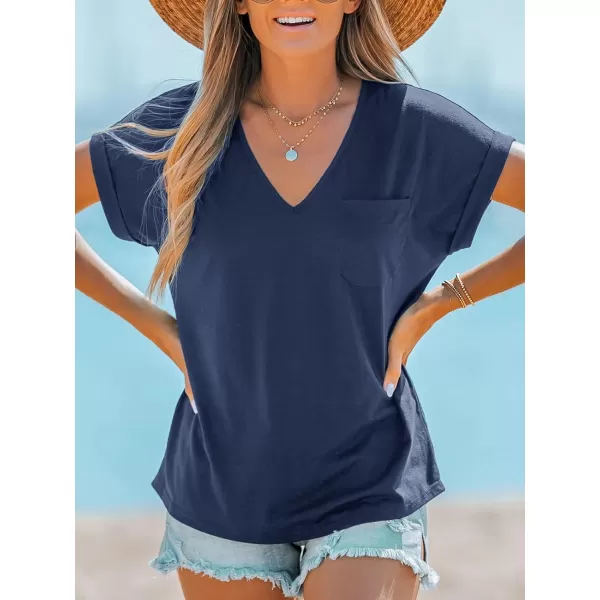 imageCUPSHE Women Tops Onyx VNeck Short Sleeve Tee Front Pocket Shirt Solid Tee Casual DressyDark Blue