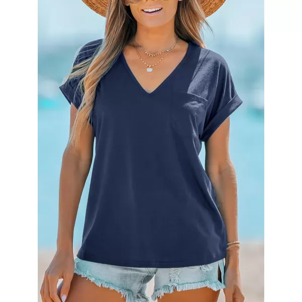 imageCUPSHE Women Tops Onyx VNeck Short Sleeve Tee Front Pocket Shirt Solid Tee Casual DressyDark Blue