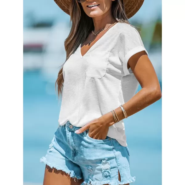 imageCUPSHE Women Tops Onyx VNeck Short Sleeve Tee Front Pocket Shirt Solid Tee Casual DressyWhite