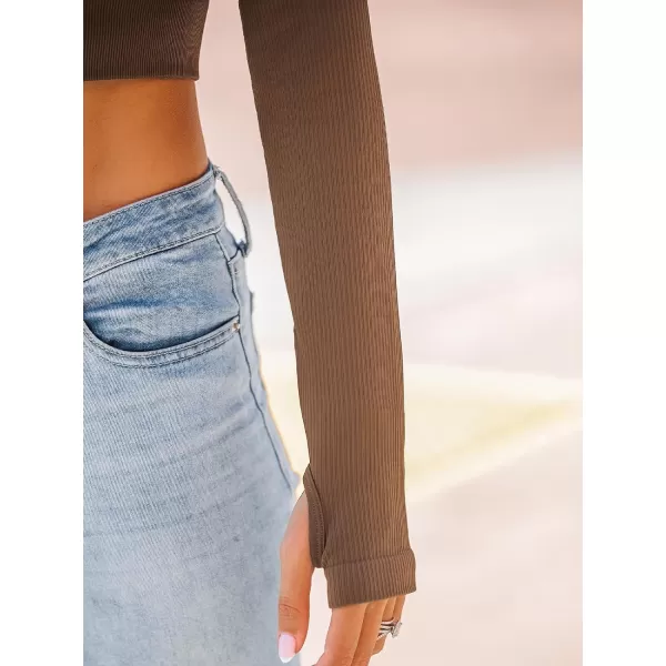 imageCUPSHE Women Tops Ribbed Long Sleeve Crop Shirts Square Neck Blouses with Thumb HolesBrown