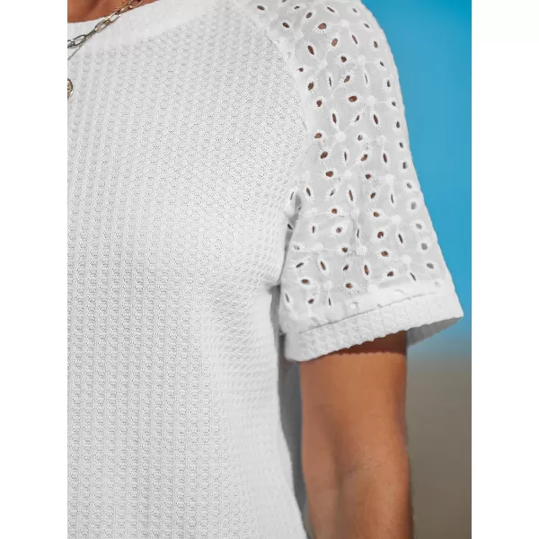 imageCUPSHE Women Tops Round Neck Eyelet Sleeve Blouses Short Sleeve Shirt Lace Tee Casual DressyWhite
