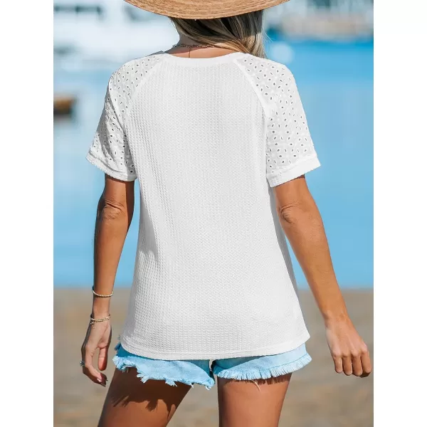 imageCUPSHE Women Tops Round Neck Eyelet Sleeve Blouses Short Sleeve Shirt Lace Tee Casual DressyWhite