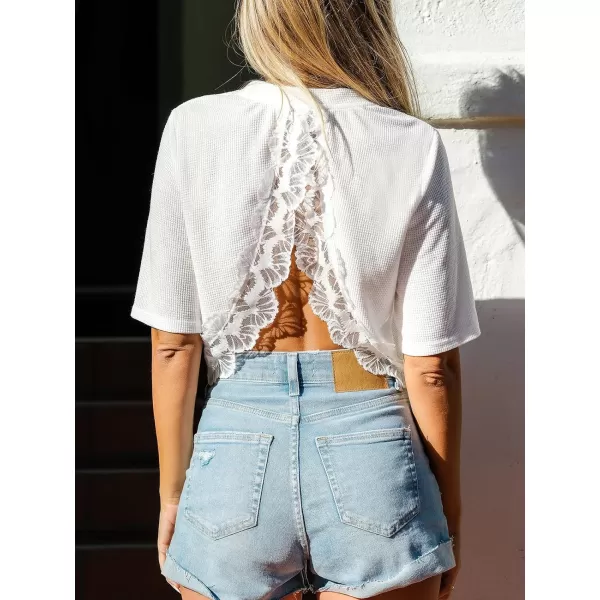 imageCUPSHE Women Tops Round Neck Lace Tee Short Sleeve Loose Tee Cropped Shirt Casual DressyWhite