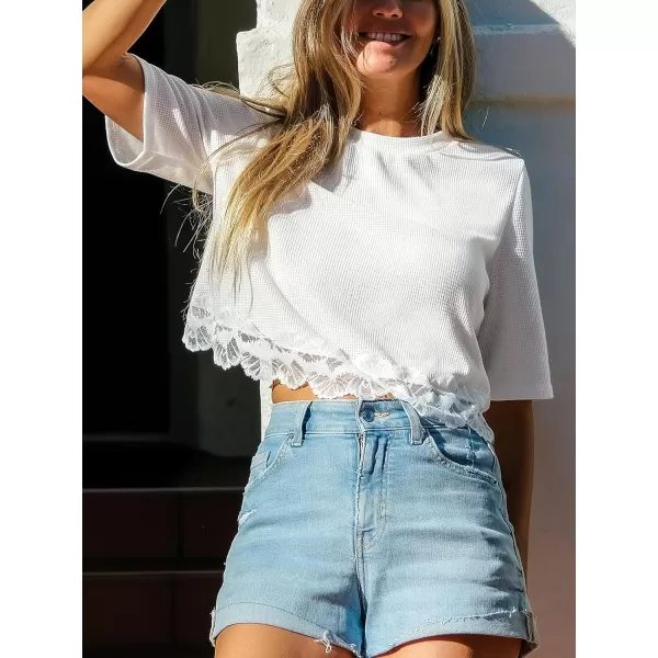 imageCUPSHE Women Tops Round Neck Lace Tee Short Sleeve Loose Tee Cropped Shirt Casual DressyWhite