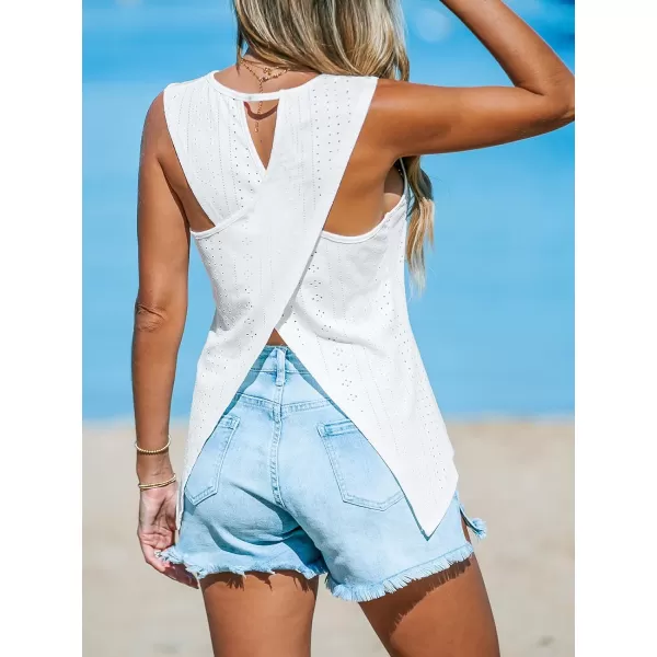 imageCUPSHE Women Tops Round Neck Sleeveless Jersey Eyelet Tank Lace Cutout Shirt Casual SummerWhite