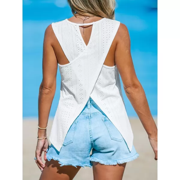 imageCUPSHE Women Tops Round Neck Sleeveless Jersey Eyelet Tank Lace Cutout Shirt Casual SummerWhite