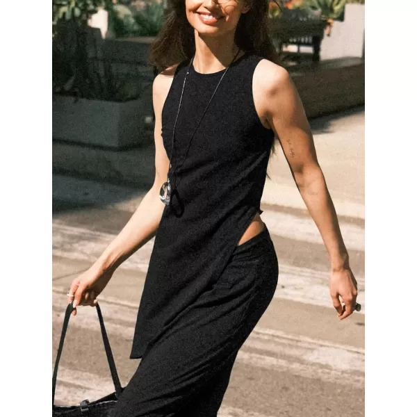 imageCUPSHE Women Tops Round Neck Sleeveless Side Split Tank Vest Long Blouses Tee CasualBlack
