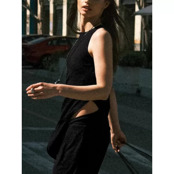 imageCUPSHE Women Tops Round Neck Sleeveless Side Split Tank Vest Long Blouses Tee CasualBlack