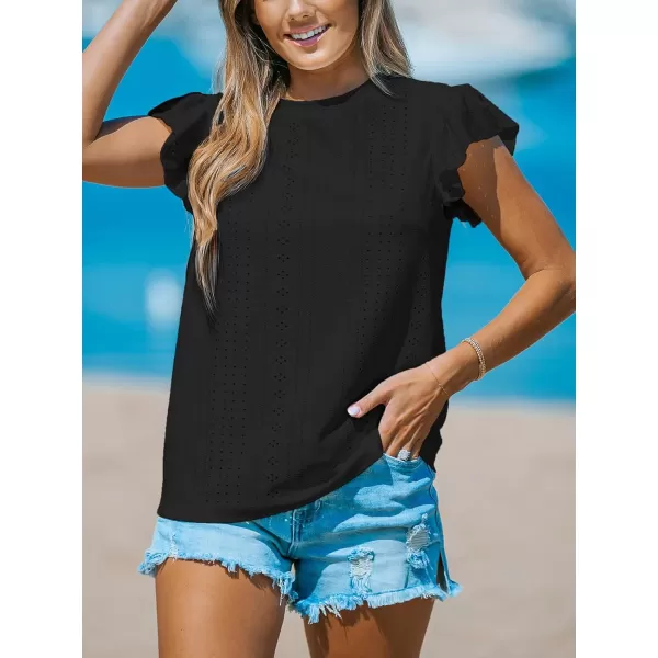 imageCUPSHE Women Tops Ruffled Sleeve Cutout Tee Short Sleeve Blouses Loose Shirt Casual SummerBlack
