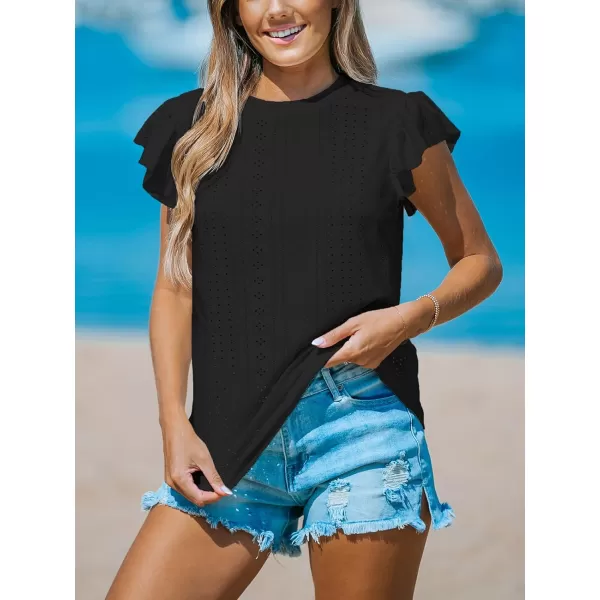imageCUPSHE Women Tops Ruffled Sleeve Cutout Tee Short Sleeve Blouses Loose Shirt Casual SummerBlack