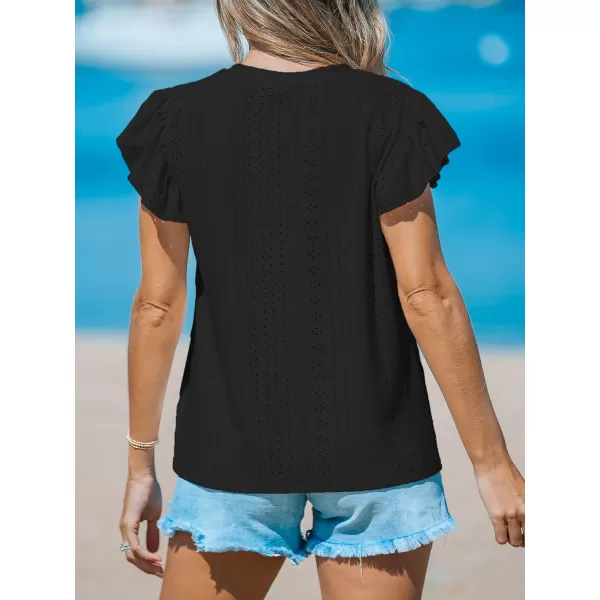 imageCUPSHE Women Tops Ruffled Sleeve Cutout Tee Short Sleeve Blouses Loose Shirt Casual SummerBlack