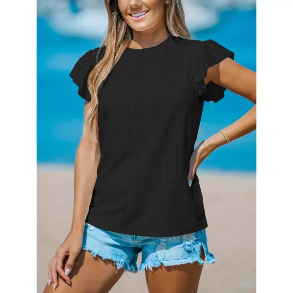 imageCUPSHE Women Tops Ruffled Sleeve Cutout Tee Short Sleeve Blouses Loose Shirt Casual SummerBlack